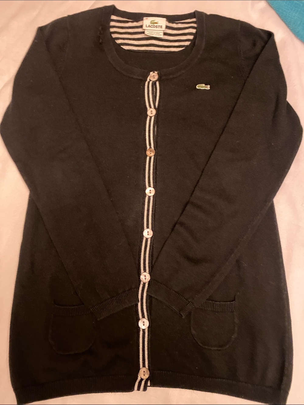 Lacoste Dark Blue Cardigan with Contrast Stripe Trim,
Designed in France